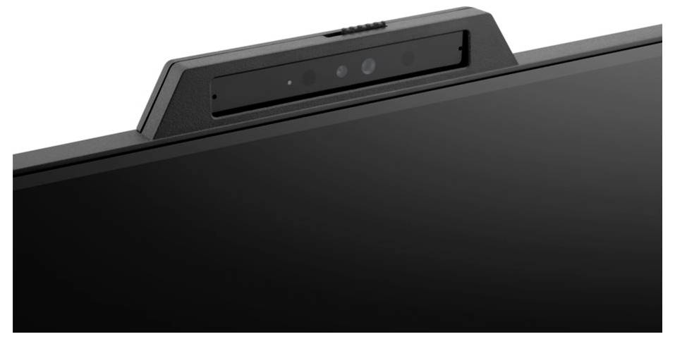 Un gros plan de l'écran d'un ordinateur portable doté d'une webcam intégrée et rétractable en son centre supérieur, mettant en valeur le design compact de la caméra.