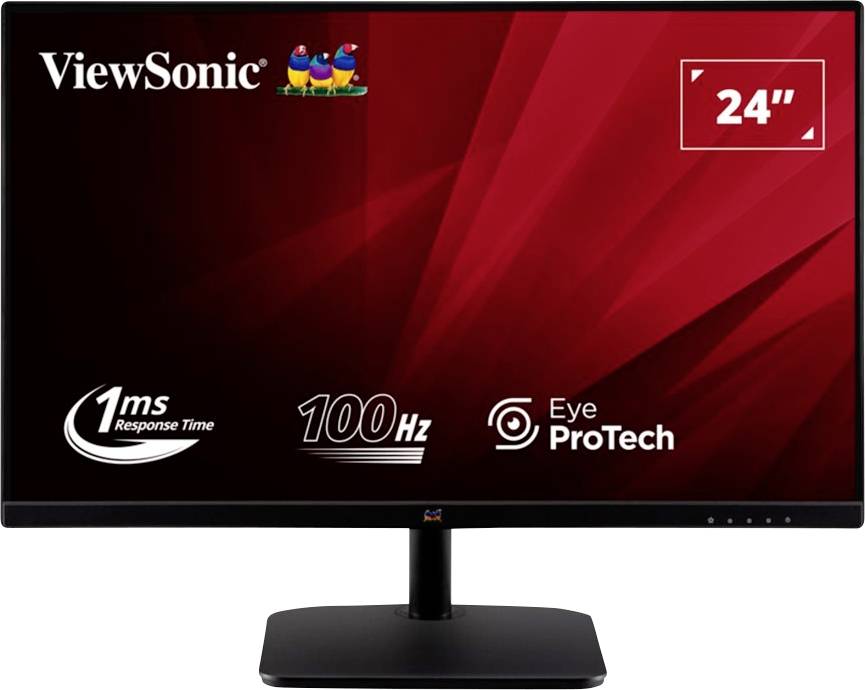 Moniteur ViewSonic de 24 pouces avec un temps de réponse de 1 ms, un taux de rafraîchissement de 100 Hz et la fonction Eye ProTech, affiché sur un fond rouge.