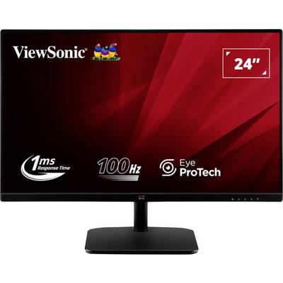 Moniteur ViewSonic de 24 pouces avec un temps de réponse de 1 ms, un taux de rafraîchissement de 100 Hz et la fonction Eye ProTech, affiché sur un fond rouge.