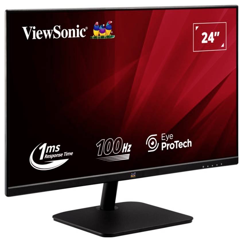 Écran d'ordinateur 'ViewSonic' avec un écran de 24 pouces, doté d'un temps de réponse de 1 ms et d'un taux de rafraîchissement de 100 Hz, promouvant la technologie 'Eye ProTech'.