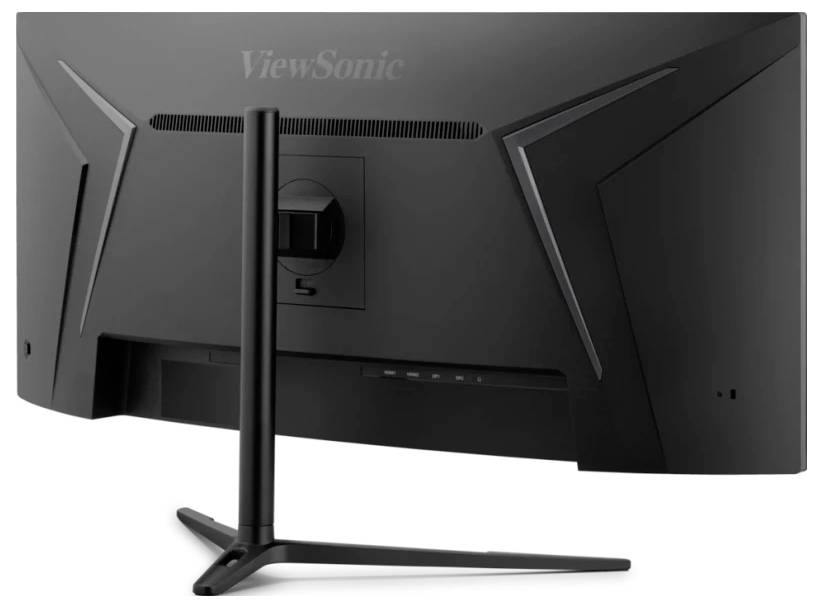 Vue arrière d'un moniteur d'ordinateur noir incurvé avec un support robuste, présentant un point de montage central et un design élégant et anguleux.