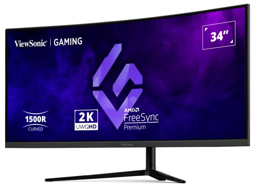 Un moniteur de jeu ViewSonic présente un écran incurvé de 34 pouces avec une résolution UWQHD 2K et la technologie AMD FreeSync Premium.