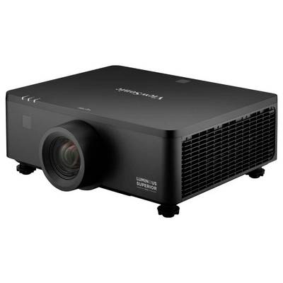 Un projecteur noir étiqueté 'Luminous Superior' avec un grand objectif et des évents d'aération, posé sur une surface plane, conçu pour les présentations.