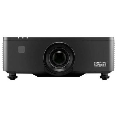 Projecteur noir de la série 'Luminous Superior', avec objectif centré et quatre pieds réglables, conçu pour des présentations de haute qualité.