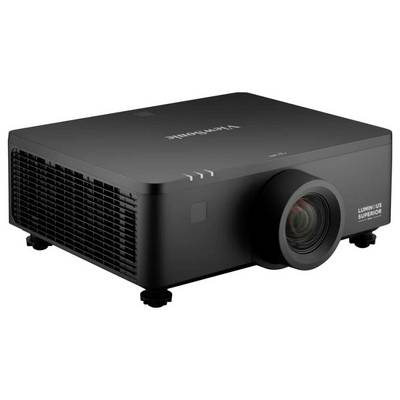 Un projecteur noir étiqueté 'Source lumineuse' avec des évents sur les côtés et des pieds réglables, conçu pour des présentations professionnelles ou une utilisation de cinéma maison.