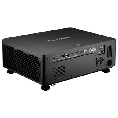 Un projecteur noir doté de plusieurs ports d'entrée, notamment HDMI, USB et LAN, posé sur une surface blanche.