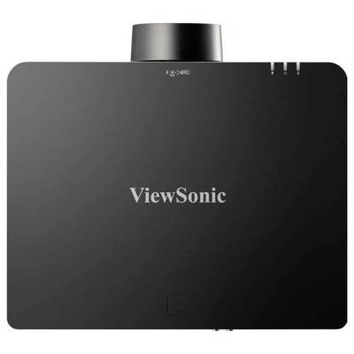 Un projecteur noir ViewSonic vu de dessus, montrant son boîtier rectangulaire élégant et son objectif sur un côté.
