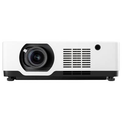 Un projecteur blanc et noir avec un grand objectif sur la gauche et une grille de ventilation sur la droite, adapté à un usage de bureau ou domestique.