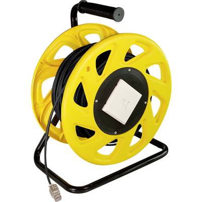 Un dévidoir de câble jaune avec une poignée noire et un câble noir enroulé, présentant une plaque de prise blanche au centre.