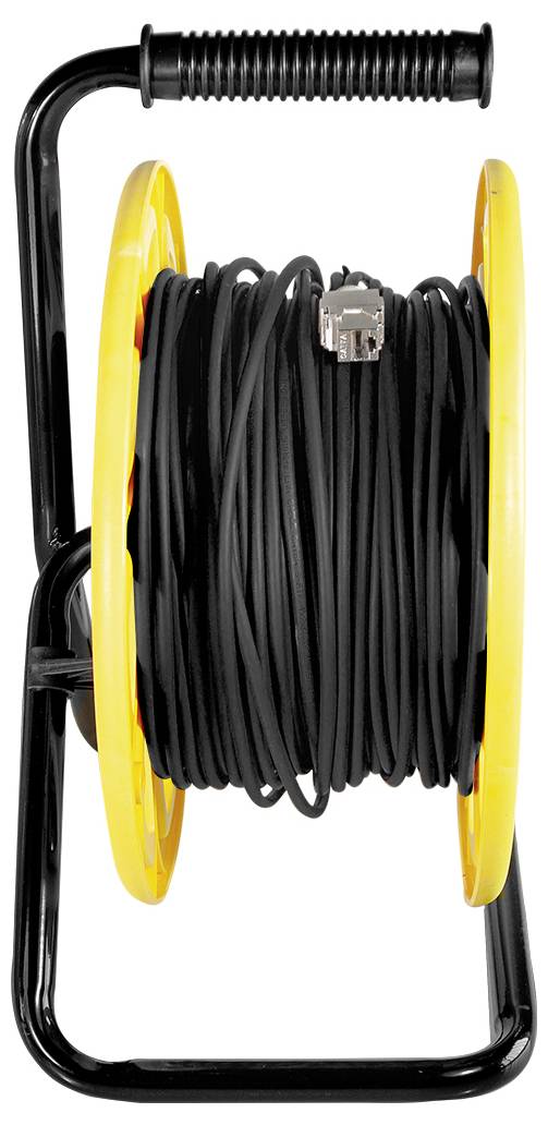 Un touret de câble jaune et noir avec un long câble noir enroulé autour, et un connecteur visible à son extrémité, sur un châssis métallique.
