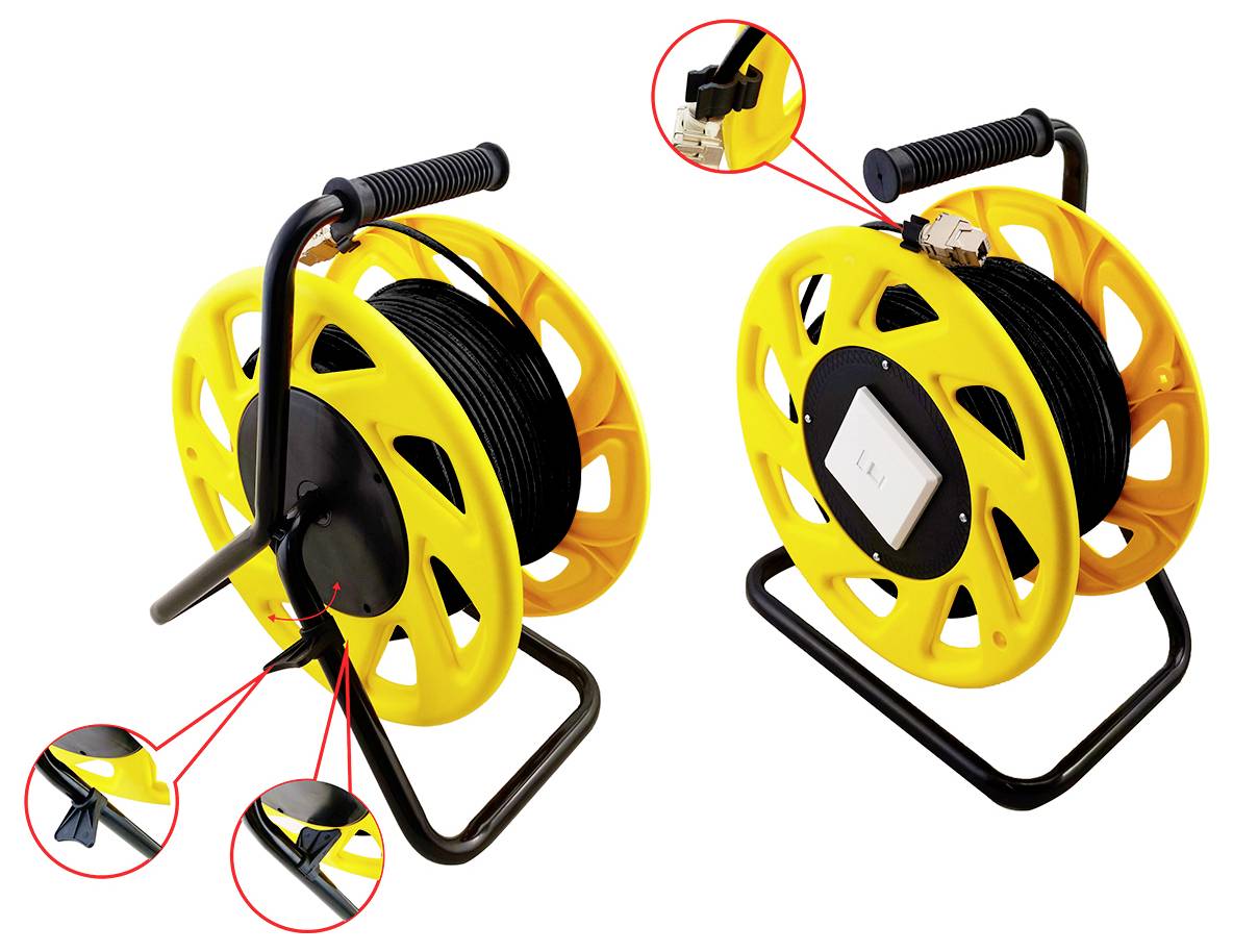 « Deux bobines de câble jaunes avec poignées, montrant des détails de fiches dans des encarts agrandis. Une bobine présente une prise fermée, l'autre est représentée de côté. »