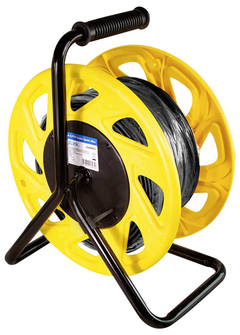 « Un dévidoir de câble jaune avec un cadre métallique et une poignée, contenant un câble noir enroulé, utilisé pour le stockage ou le transport de câbles électriques. »