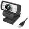 Une caméra web LogiLink noire et argentée avec l'étiquette « Live Camera Full HD », montée sur un support ajustable, connectée par un câble USB.