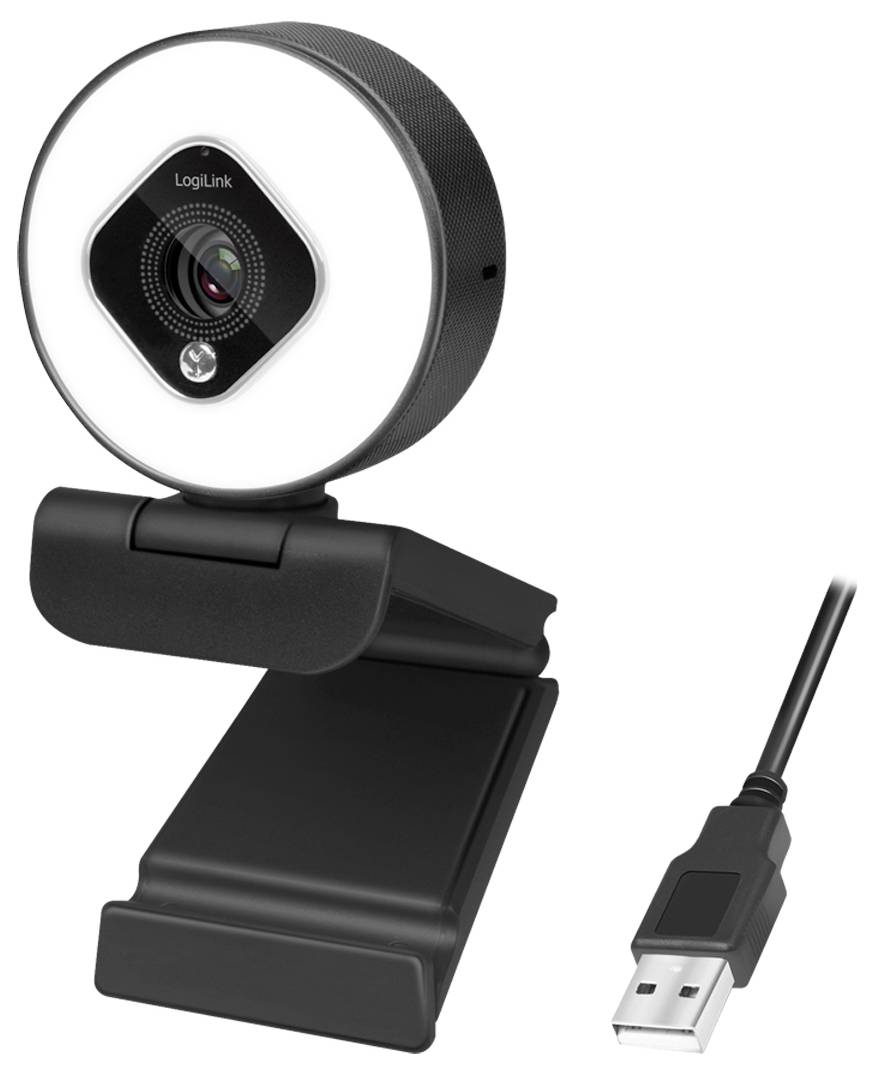 Une webcam noire avec un anneau lumineux à LED, un support réglable et un connecteur USB, conçue pour les appels vidéo et le streaming.
