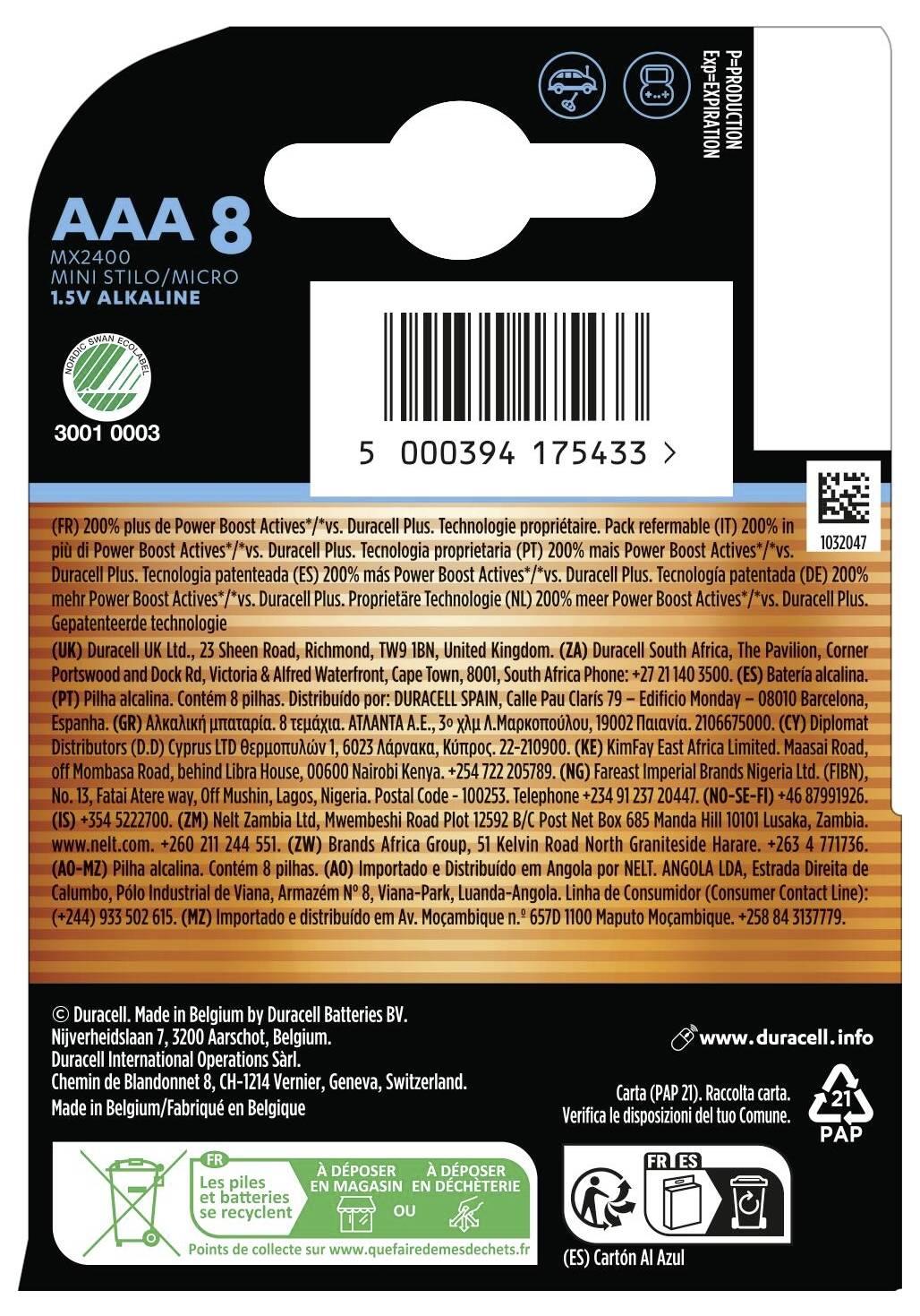 Pile alcaline AAA 8, MX2400, 1,5V. Code-barres : '5 000394 175433'. Fabriqué en Belgique par Duracell Batteries BV.