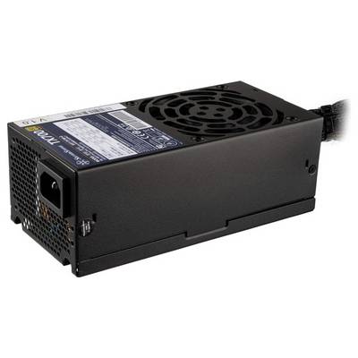 Bloc d'alimentation électrique rectangulaire noir avec ventilateur de refroidissement et étiquette sur le dessus, indiquant diverses spécifications.