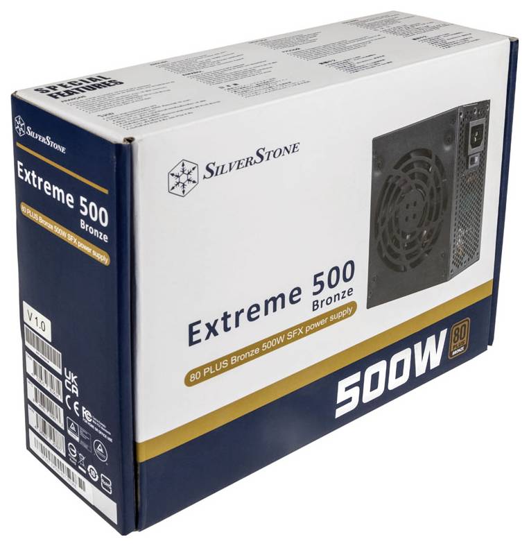 Alimentation SilverStone Extreme 500 Bronze 80 PLUS 500W SFX avec image du produit et spécifications sur l'emballage.