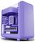 Une tour informatique violette avec des côtés transparents, mettant en évidence les composants internes comme les ventilateurs et un système de refroidissement lumineux, sur un fond blanc.