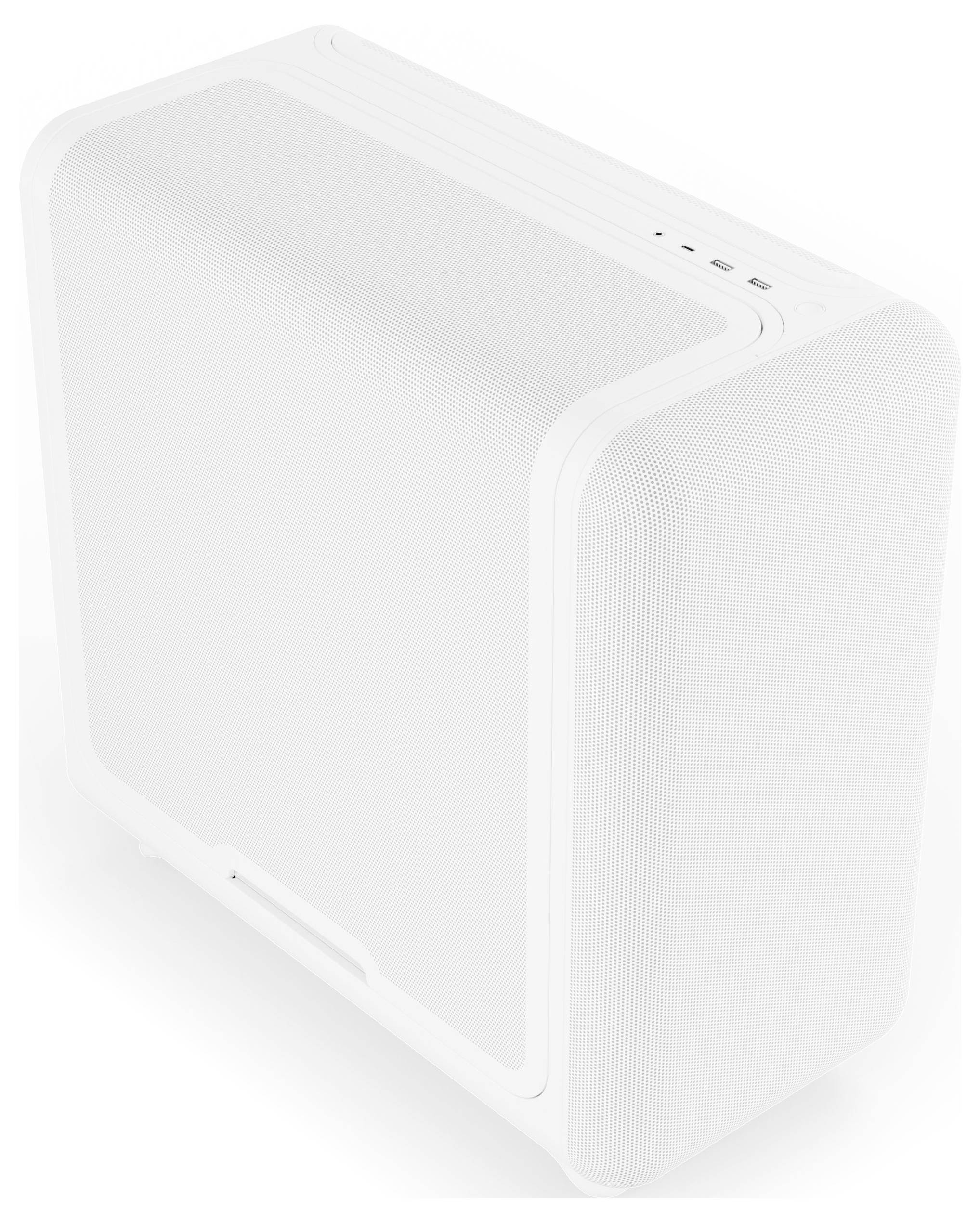 « Un boîtier d'ordinateur blanc aux bords arrondis, présentant un design minimaliste épuré avec plusieurs ports sur le côté supérieur. »