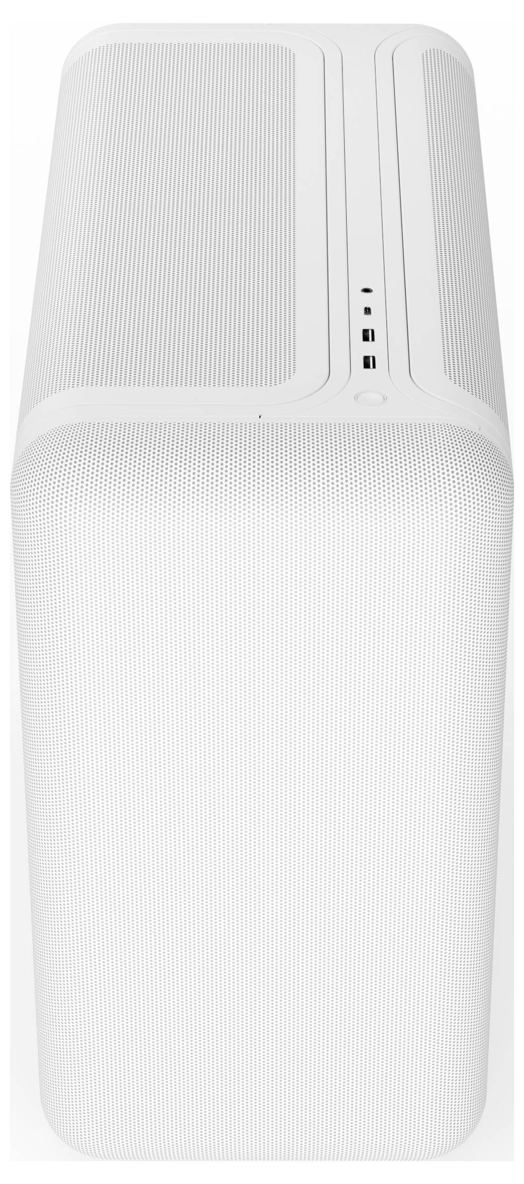 Un appareil électronique blanc au design minimaliste, doté de grilles de ventilation et de plusieurs boutons et ports sur sa surface supérieure.