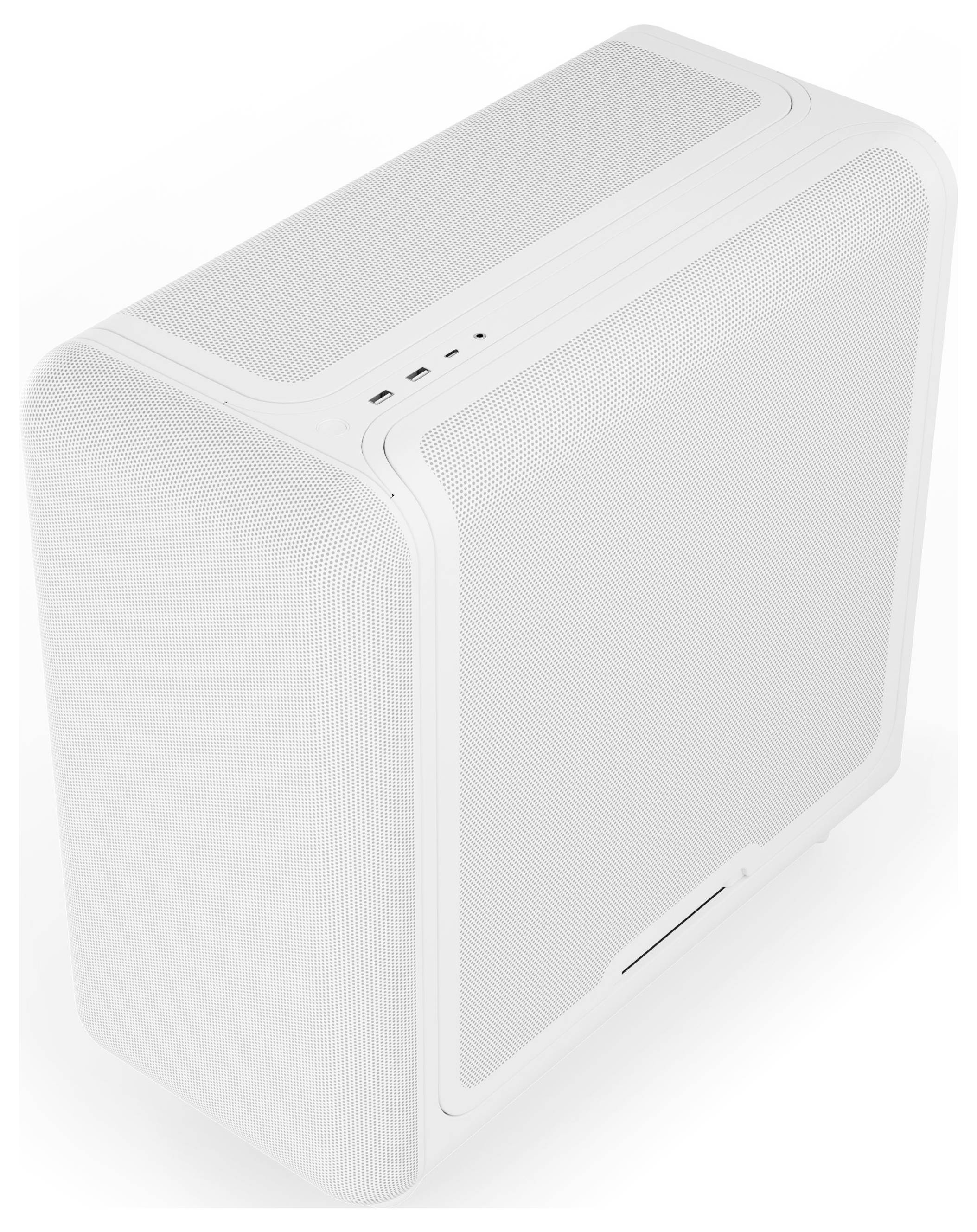 Un haut-parleur rectangulaire blanc au design élégant, présenté en angle, avec plusieurs petits boutons de contrôle sur le bord supérieur.