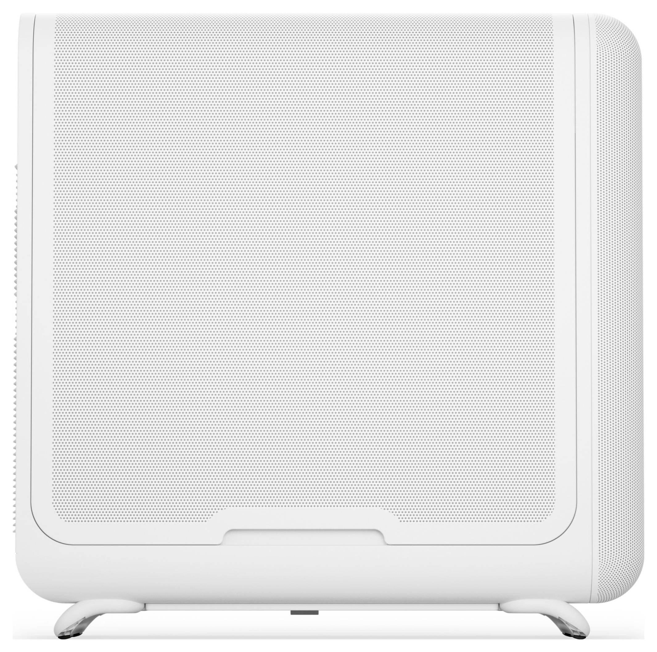 Enceinte portable blanche au design minimaliste, dotée d'une grille avant en maille et de bords arrondis, reposant sur deux petits pieds.