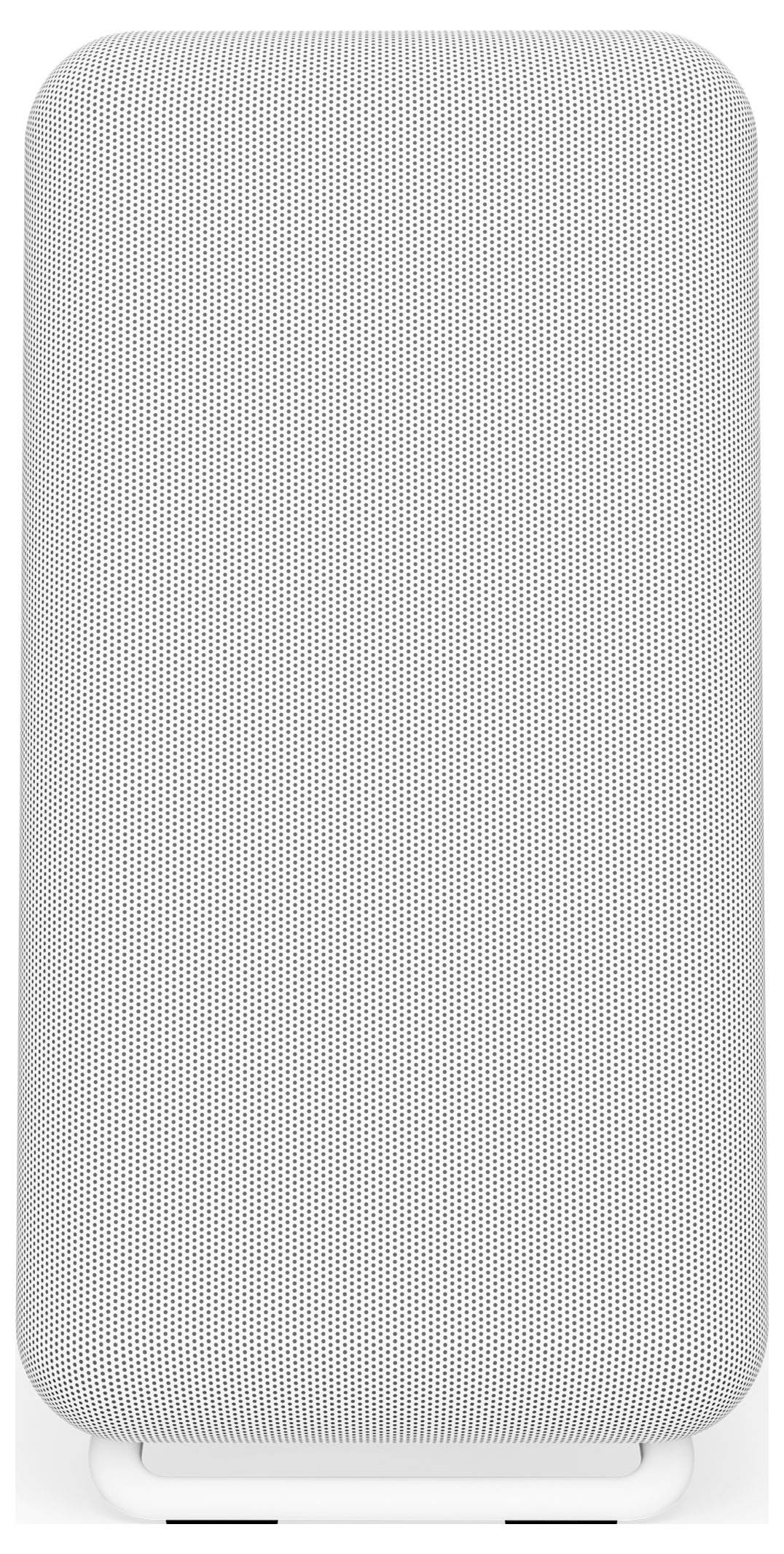 Haut-parleur intelligent rectangulaire blanc recouvert de tissu, au design minimaliste, probablement utilisé pour des commandes vocales ou la lecture de musique.