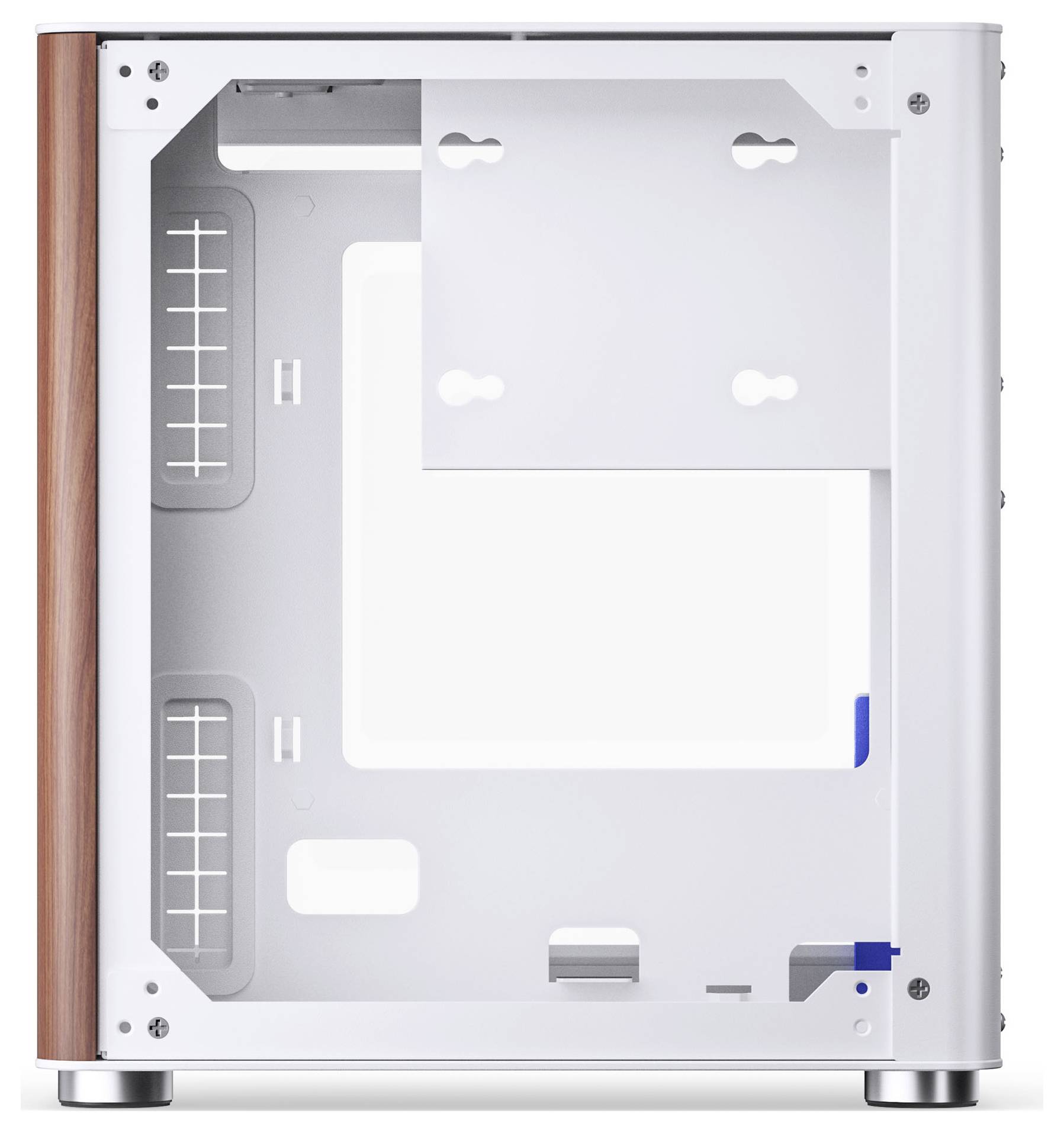 Un boîtier d'ordinateur blanc avec un panneau latéral en bois, intérieur ouvert avec emplacements de montage et fonctionnalités de gestion des câbles. Aucun composant installé.