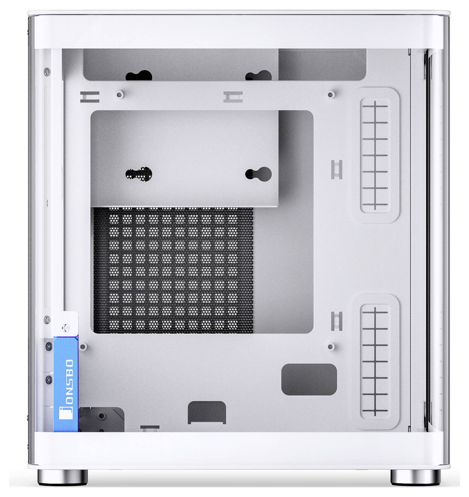 Un boîtier d'ordinateur blanc avec des côtés transparents, révélant l'espace intérieur pour les composants. Un logo bleu visible indique 'DNSBO'.