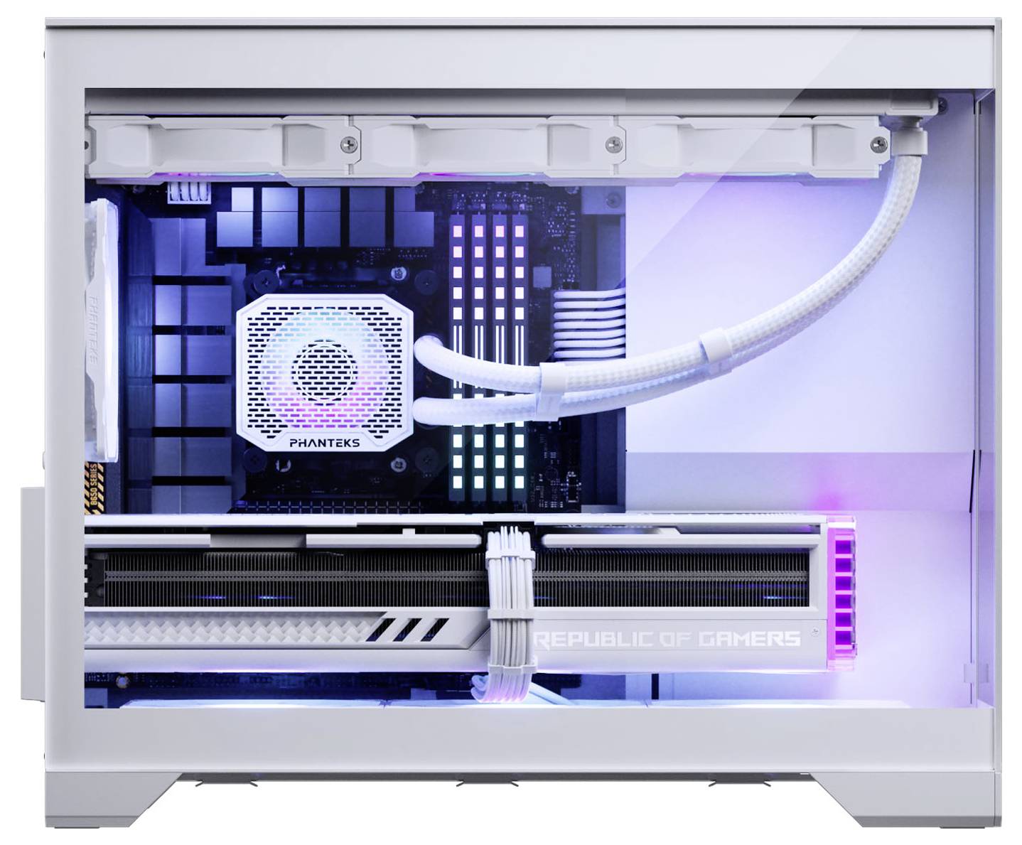 Un ordinateur de bureau de jeu blanc avec un éclairage RVB, doté d'un refroidisseur 'Phanteks' proéminent et d'une carte graphique 'Republic of Gamers'.
