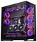 Une tour de PC gaming noire avec des panneaux transparents mettant en évidence des ventilateurs de refroidissement éclairés en RGB, et une carte graphique haut de gamme à l'intérieur, brillant de lumières rouges et bleues.