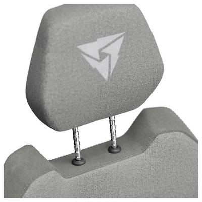 L'image montre un appuie-tête de siège de voiture en tissu gris avec un logo blanc abstrait.