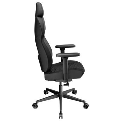 Chaise de bureau noire ergonomique avec accoudoirs réglables, dossier haut et base à roulettes, vue de côté.