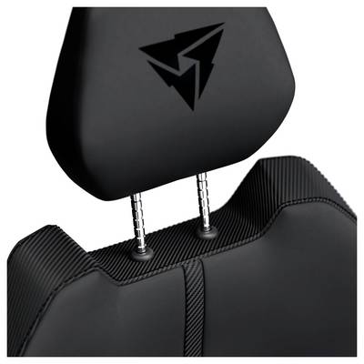 Un appui-tête de chaise noir avec un logo triangulaire et des tiges de chrome ajustables.