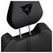 Un appui-tête de chaise noir avec un logo triangulaire et des tiges de chrome ajustables.