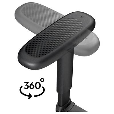 Accoudoir ergonomique noir présentant une rotation à 360 degrés, illustrant un mouvement ajustable pour chaises de bureau.