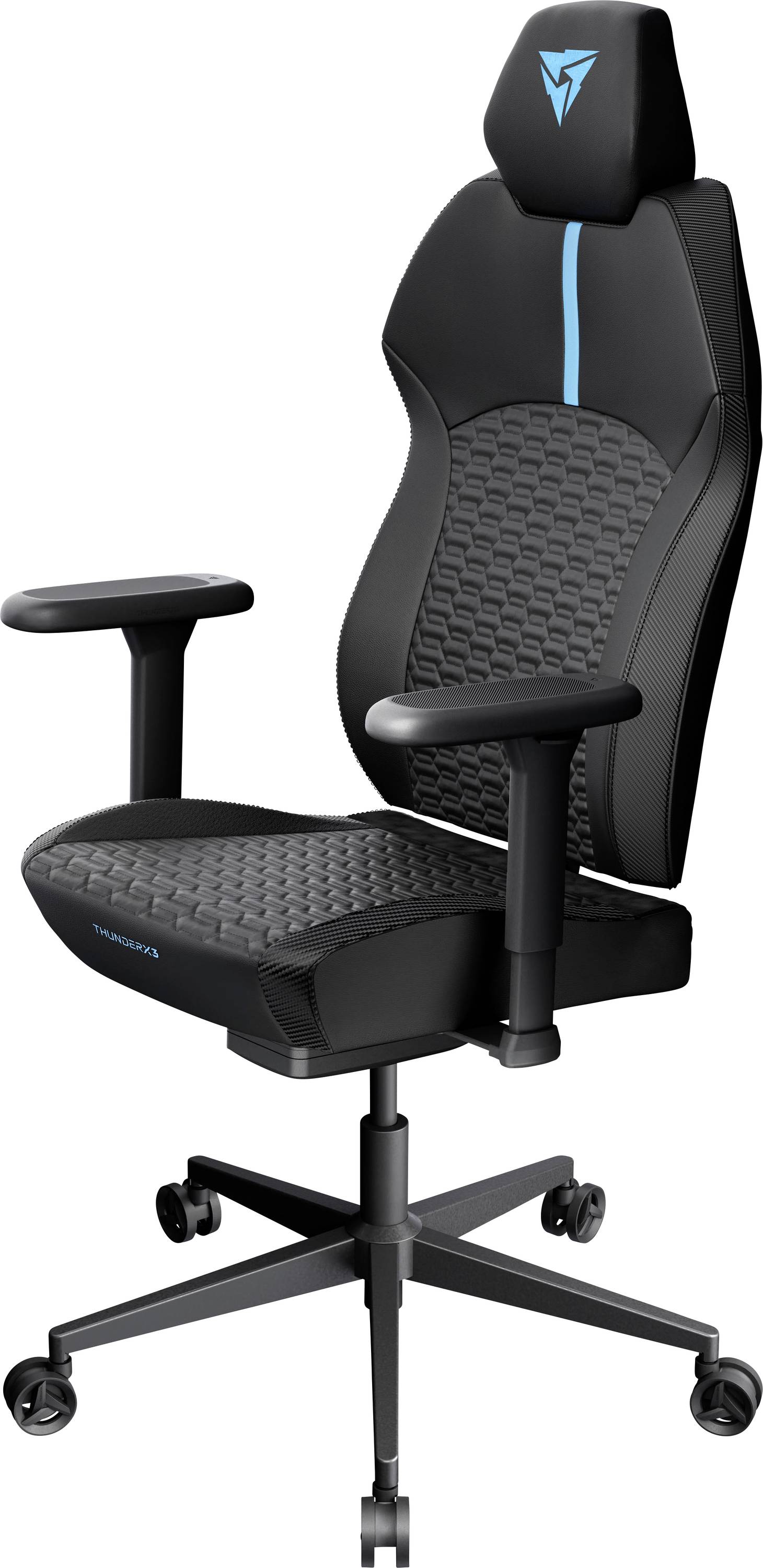 Chaise de jeu ergonomique noire avec des accents bleus. Comprend des accoudoirs réglables et un dossier haut avec un logo sur l'appuie-tête.
