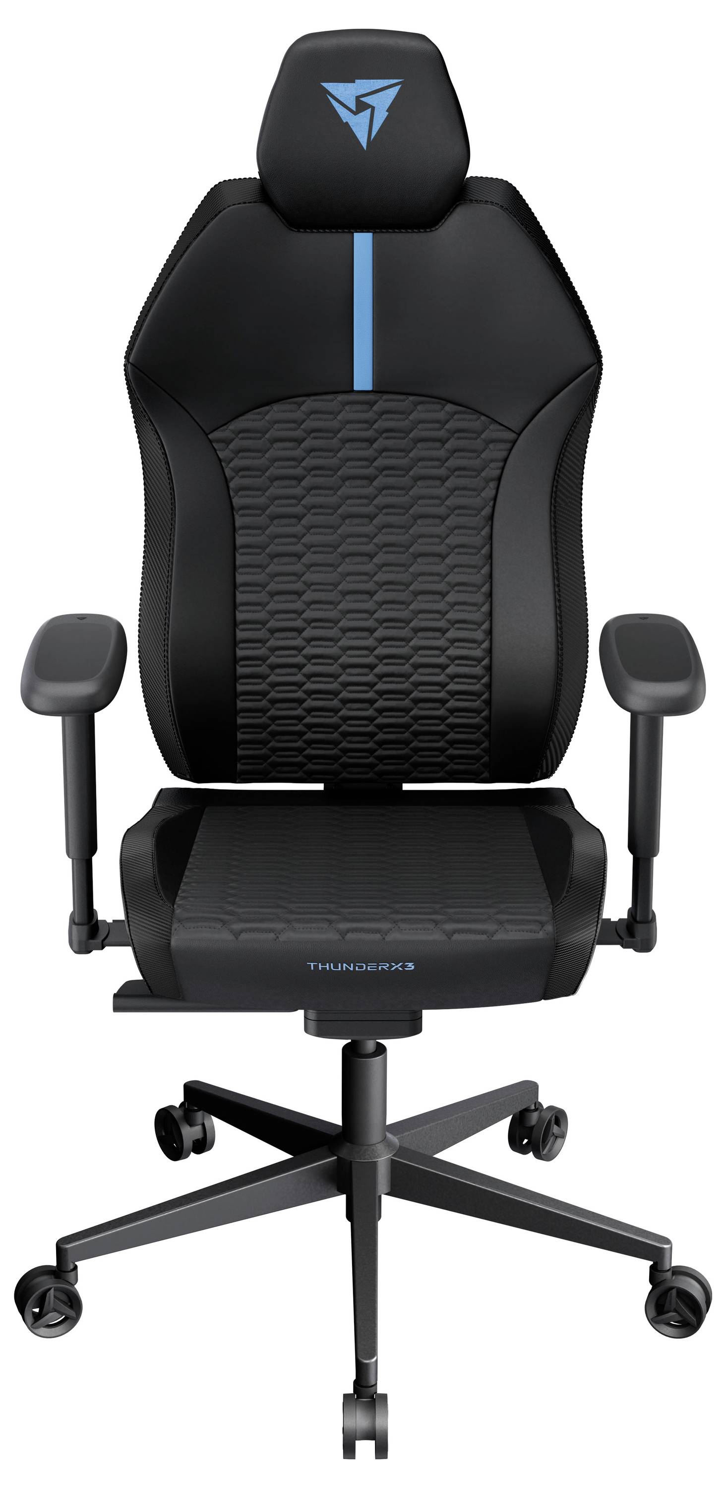 Une chaise de jeu ergonomique noire avec un dossier haut, des accents bleus, des accoudoirs réglables et des roulettes, conçue pour le confort.