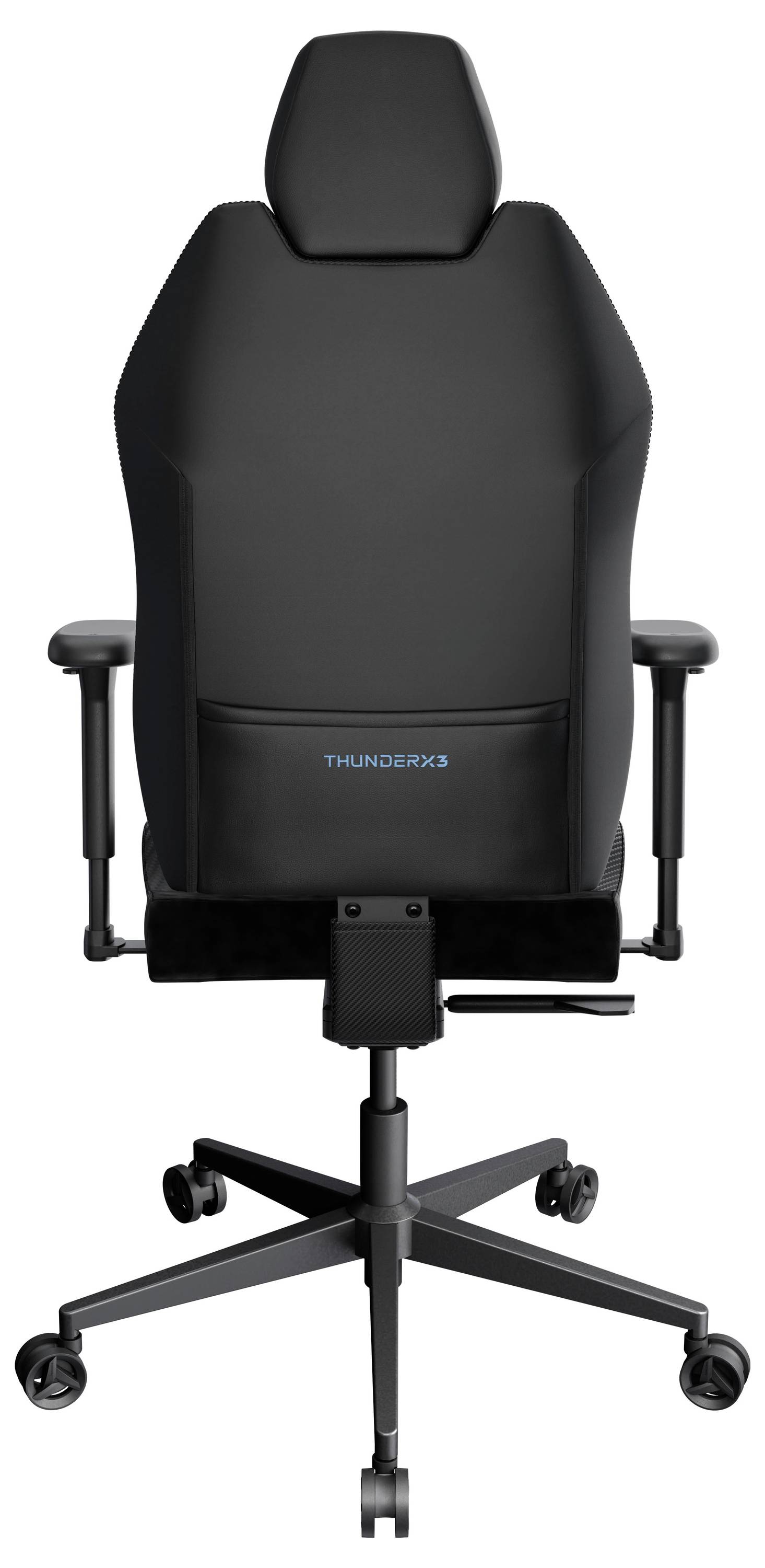 Chaise de gaming ergonomique noire avec accoudoirs réglables, appui-tête et support lombaire, vue de dos.