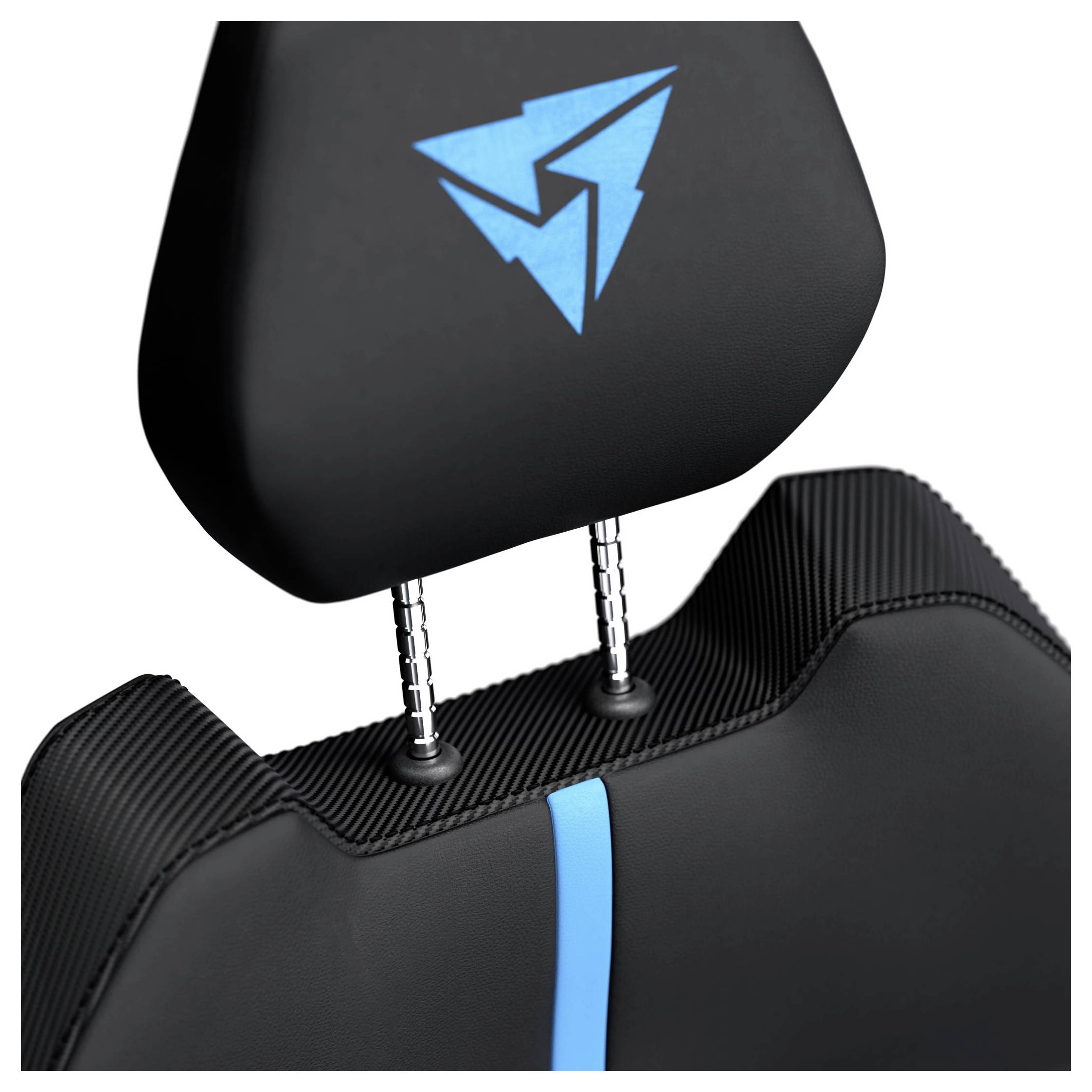 Une chaise noire avec un logo d'éclair bleu sur l'appui-tête et des détails de rayure bleue, dotée de tiges d'appui-tête réglables.
