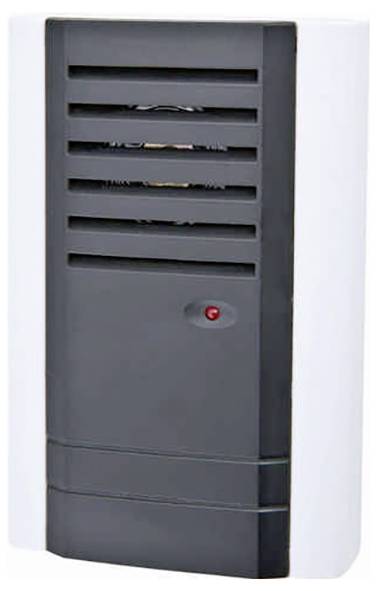 Un appareil monté au mur en noir et blanc, avec des lamelles et un voyant rouge, possiblement un répulsif électronique anti-nuisibles ou un purificateur d'air.