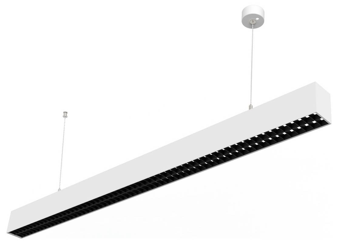 Un luminaire suspendu rectangulaire blanc avec un dessous quadrillé noir, suspendu par deux câbles fins au plafond.