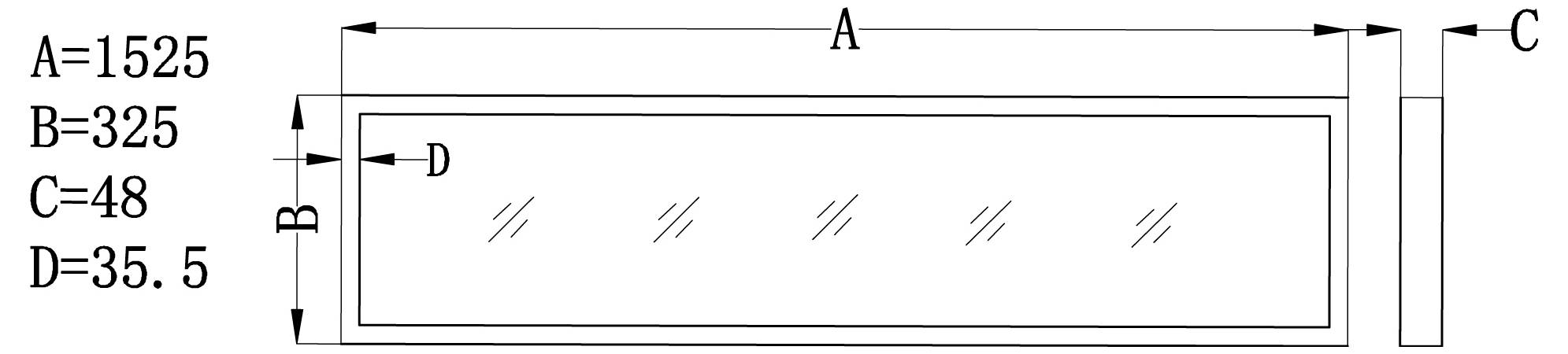 'Schéma d'un objet rectangulaire avec les dimensions : A=1525, B=325, C=48, D=35,5.'
