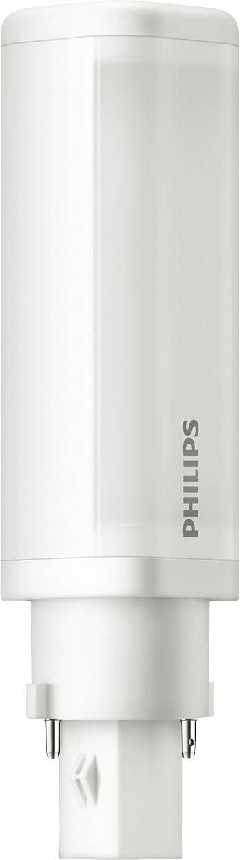 Une ampoule LED blanche Philips à broche, conçue pour un éclairage économe en énergie, avec deux broches à sa base.