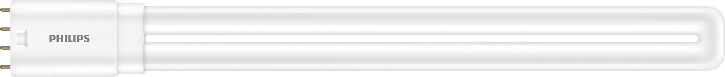 Un tube lumineux fluorescent blanc Philips à quatre broches sur une extrémité, conçu pour un éclairage économe en énergie.