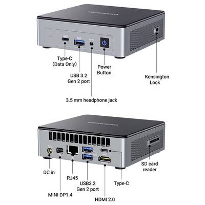 Deux vues d'un mini PC montrant les ports avant et arrière : USB Type-C données, USB 3.2, prise casque, bouton d'alimentation, verrou Kensington, entrée DC, RJ45, Mini DP 1.4, HDMI 2.0, lecteur de carte SD.