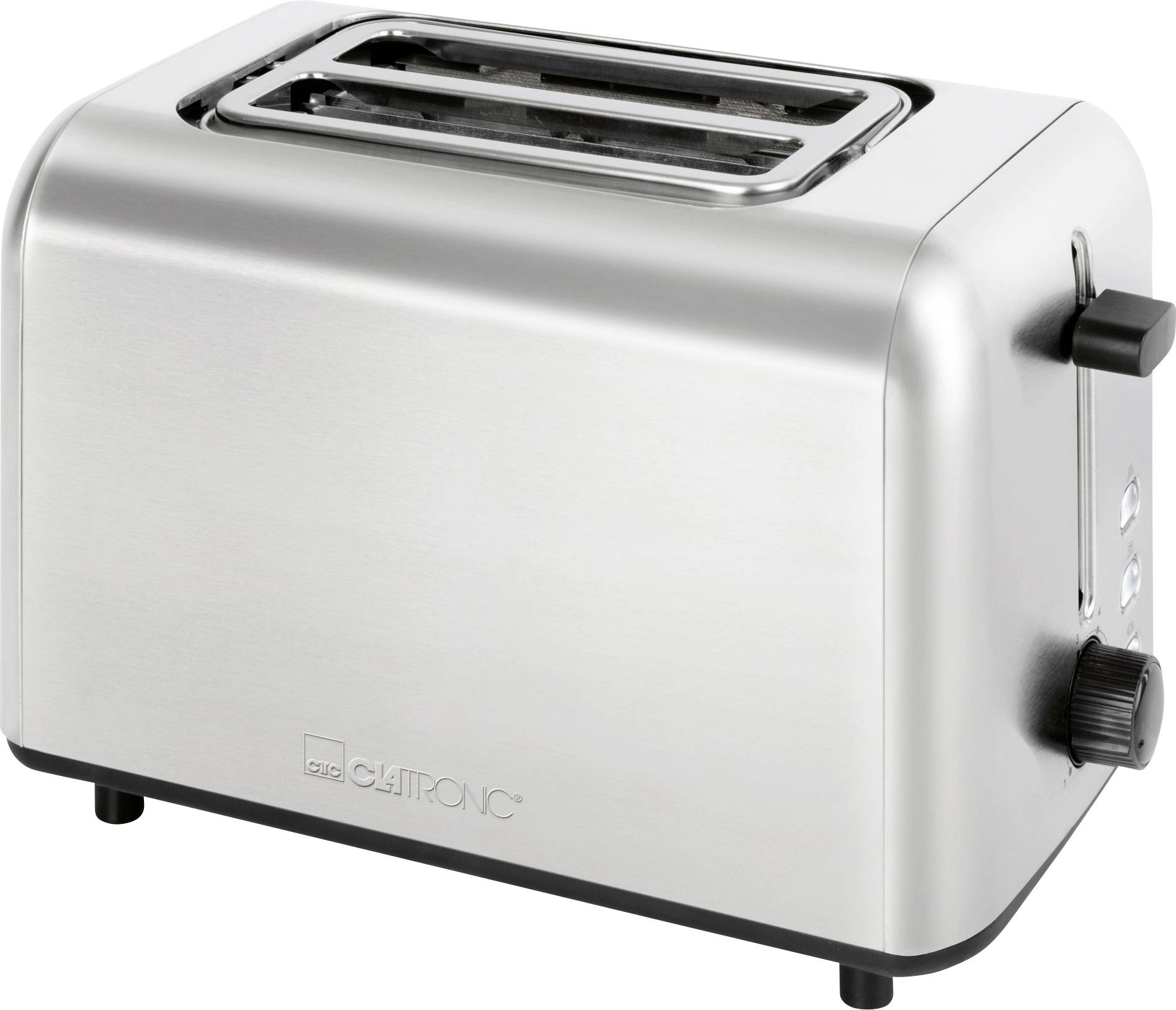 Un grille-pain en acier inoxydable avec deux fentes, un levier de commande et un bouton pour régler les paramètres de brunissage du pain.