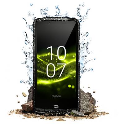 Un smartphone robuste éclaboussé d'eau, montrant sa durabilité, avec un écran affichant '10:07' et un fond d'ondes vertes.