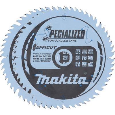Lame de scie circulaire étiquetée « Spécialisée pour scies sans fil ». Les caractéristiques comprennent un diamètre de 165 mm, un design d'efficacité et des codes produit.