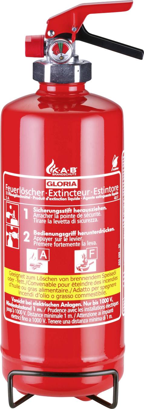 Un extincteur rouge avec une poignée noire, posé sur un support métallique. Il est muni d'instructions et de pictogrammes indiquant son mode d'emploi.
